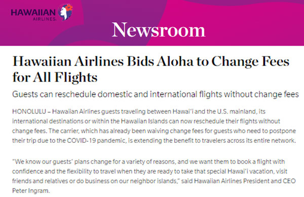 ハワイアン航空は、予約変更手数料の無料化を発表！