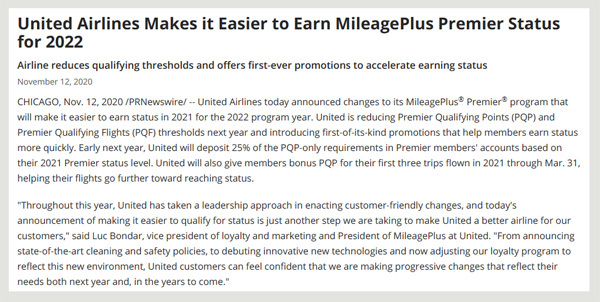 ユナイテッド航空は、2022年上級資格獲得要件の引き下げを発表、クレジットカード使用も対象になります。