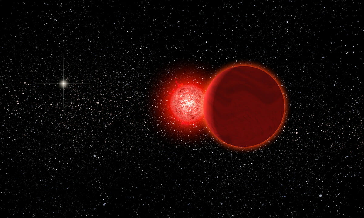 赤色矮星（中央）と褐色矮星（右手前）から成る連星「ショルツ星」