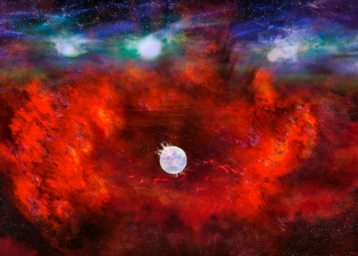 塵（赤色）の集まりに隠されている中性子星を描いた想像図