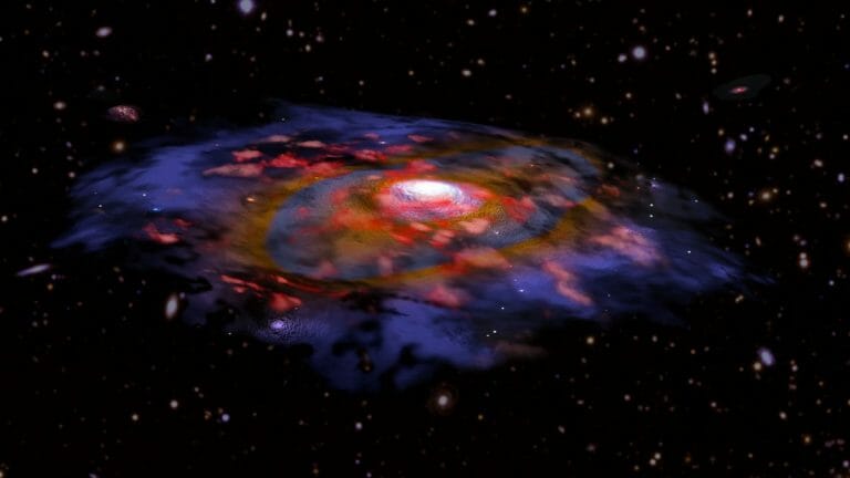 大量の塵を含む初期宇宙の回転円盤銀河を描いた図