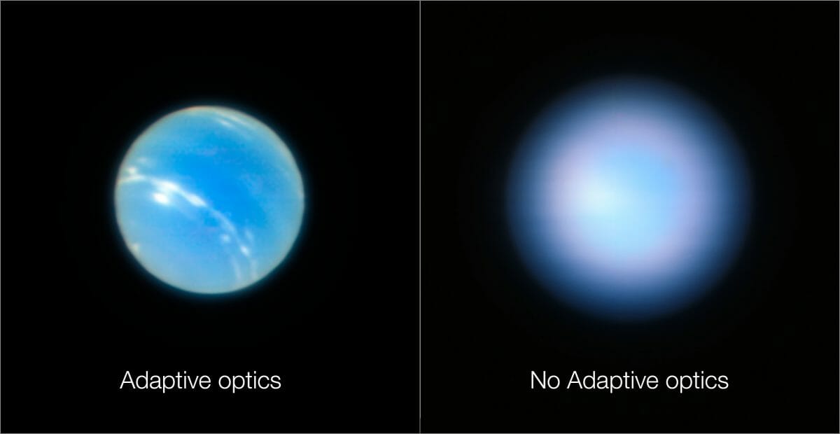 補償光学の効果を示した海王星の比較画像