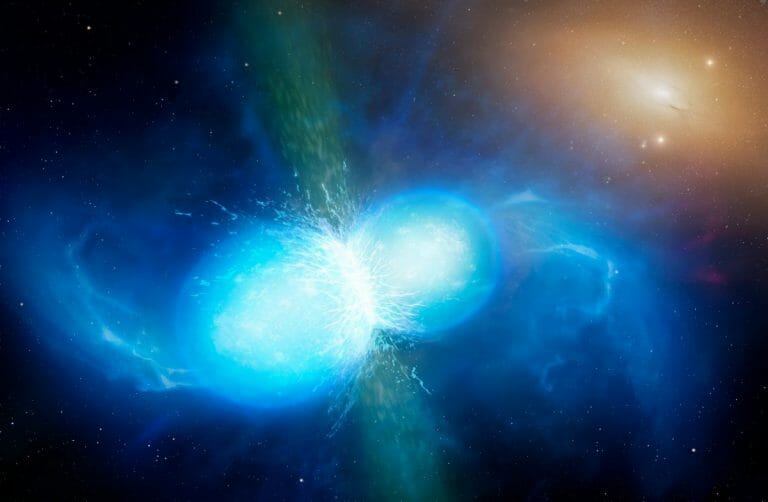 中性子星どうしが合体する瞬間を描いた想像図