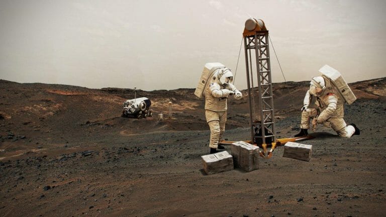 火星の表面を掘削するNASAの宇宙飛行士の想像図