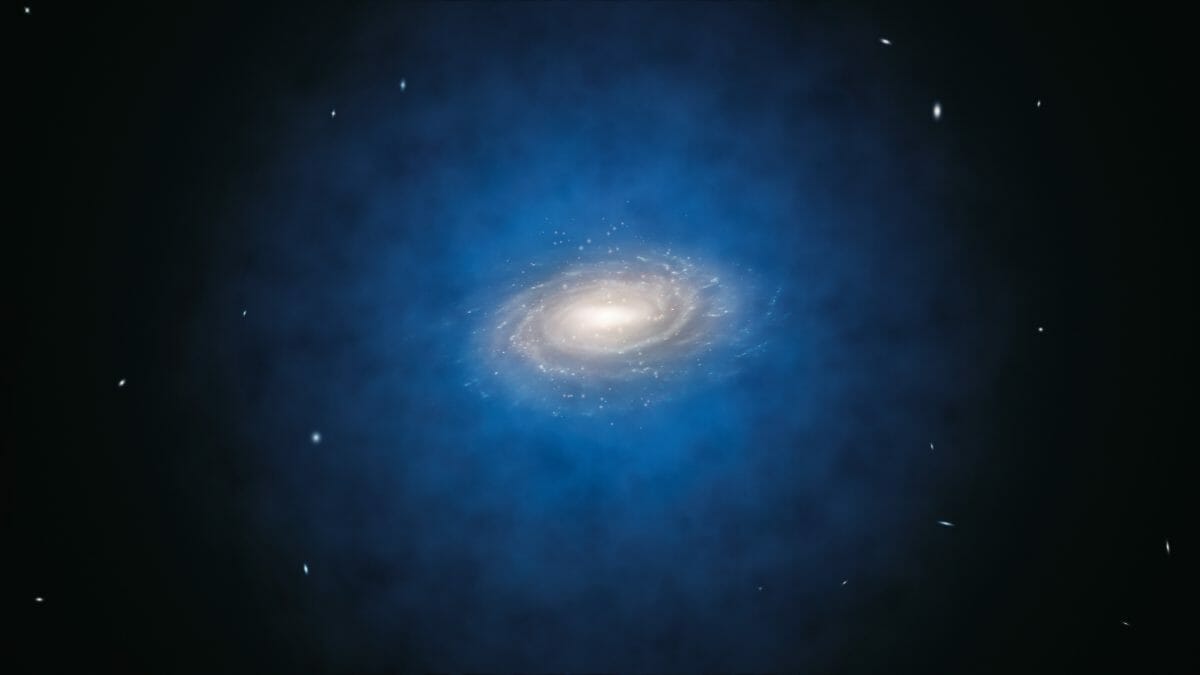 天の川銀河を取り巻く暗黒物質の分布（青色）を描いた想像図