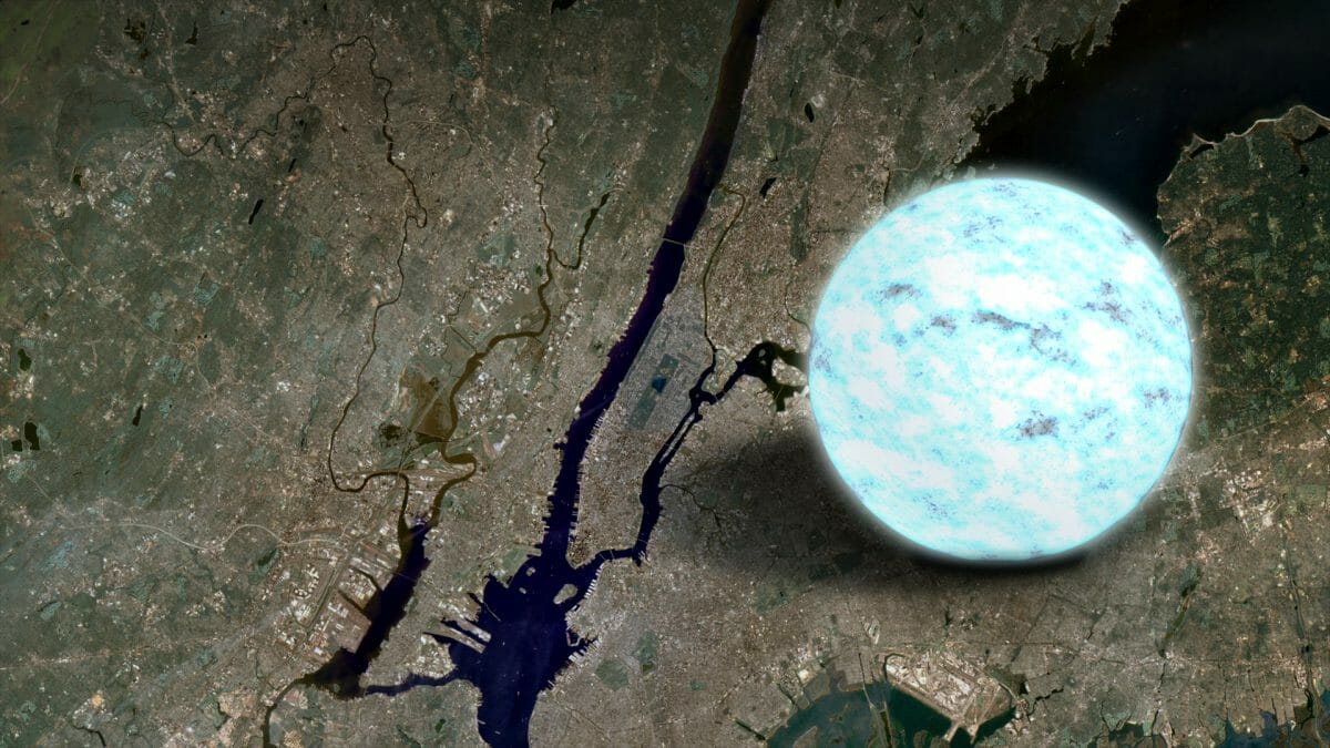 中性子星（右）とニューヨークのマンハッタン島