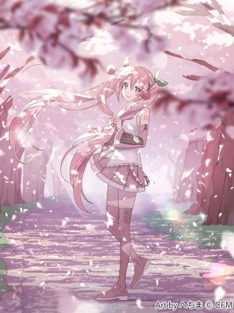 桜のトンネルを背景に描かれた桜ミク