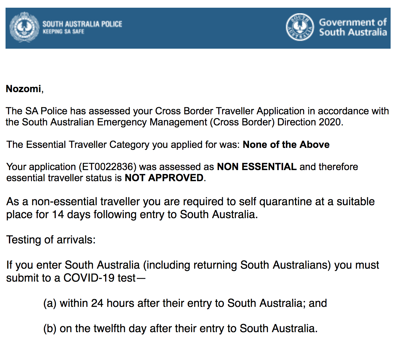 AU_South Australia Cross Border Travel Request Approved